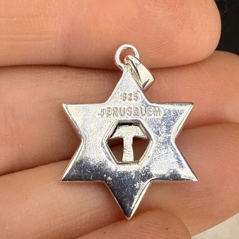 Vintage Jerusalem Pendant Sterling Silver Star of David Cross Marcasite